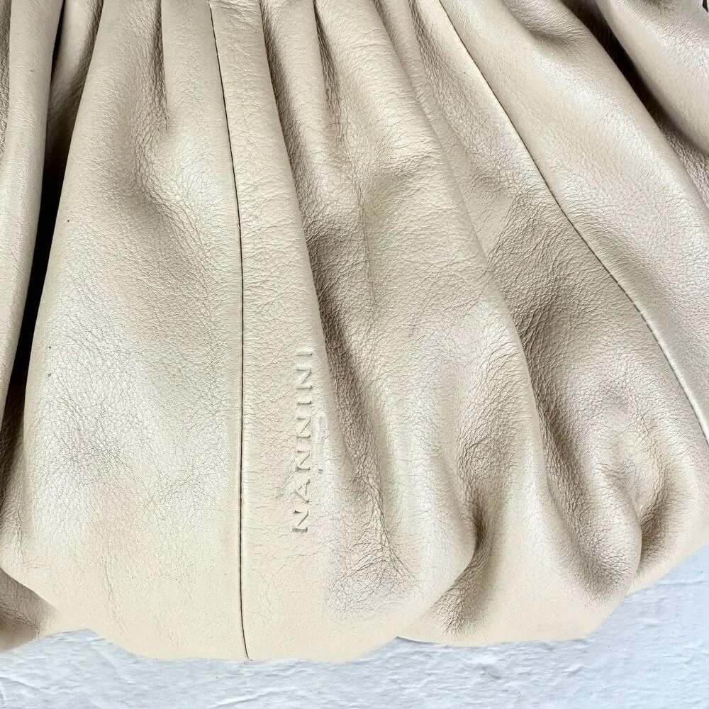 Nannini Leather Pleated Crescent Hobo Shoulder Handbag Tan/Beige
